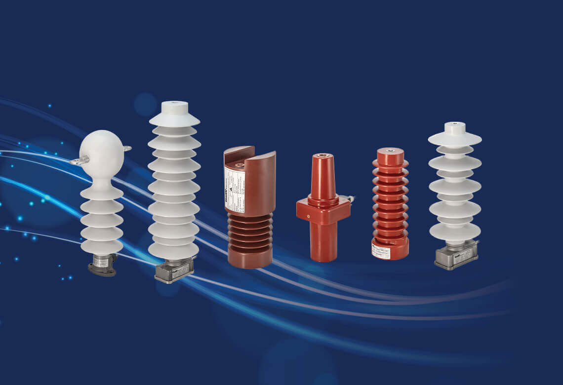 Image of six different types of electrical insulators arranged in a row against a blue background with light streaks and glowing dots.