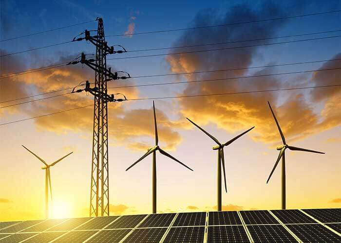 Powerlines, windmills, and solar panels.